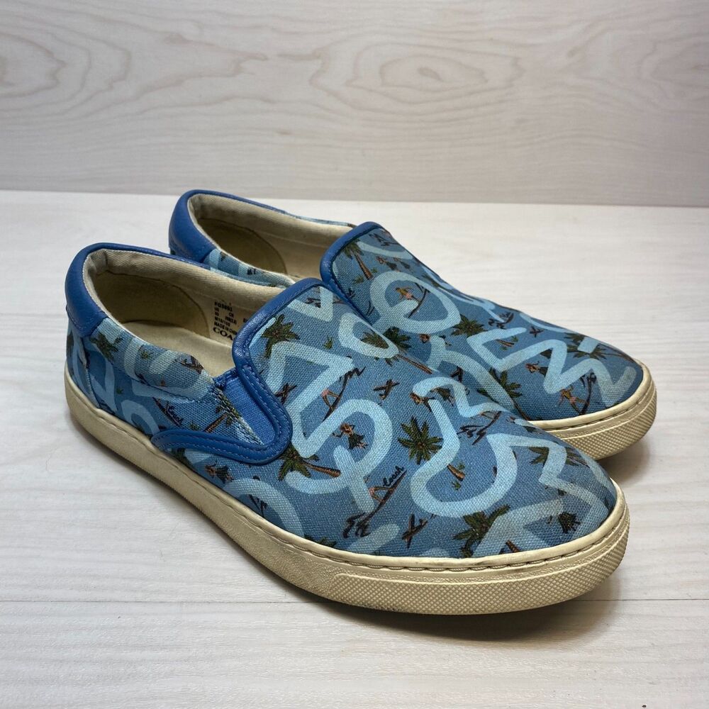 Coach x Keith Haring Slip-on Sneakers Mens Size 8D Blue Hula Dance Print Comfort